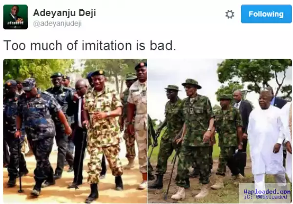 Presidency responds to a tweet that Pres. Buhari copied GEJ in wearing a military outfit